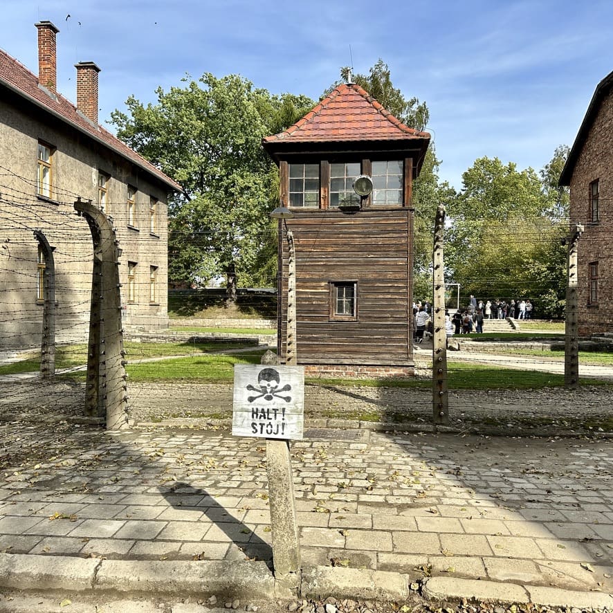 watchtower and restricted area in the prison camp in Auschwitz Poland