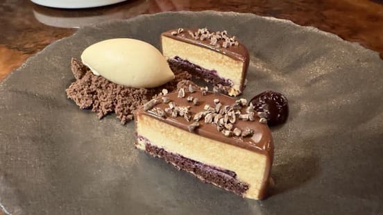 Chocolate and cream dessert on a plate