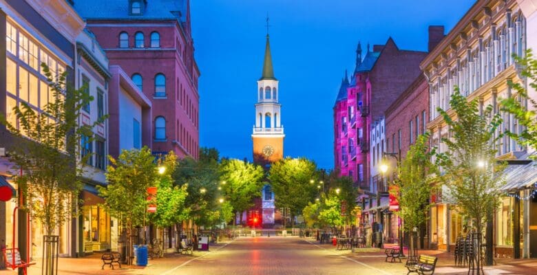 downtown street in Burlington Vermont with buildings and town hall