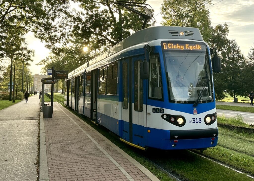 trolley car on the track outside of Krakow Poland