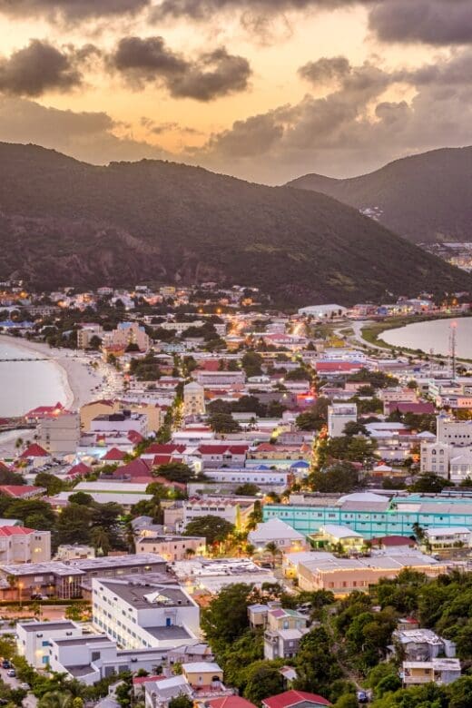 aerial view of Philipsburg showing mountains, city buildings, and beach areas