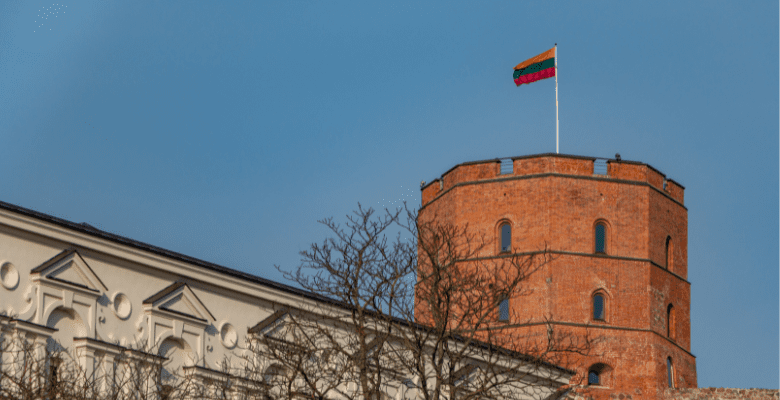 Circular brick tower overlooking city of Vilnius