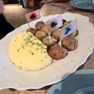 Meatballs and mashed potatoes on a plate
