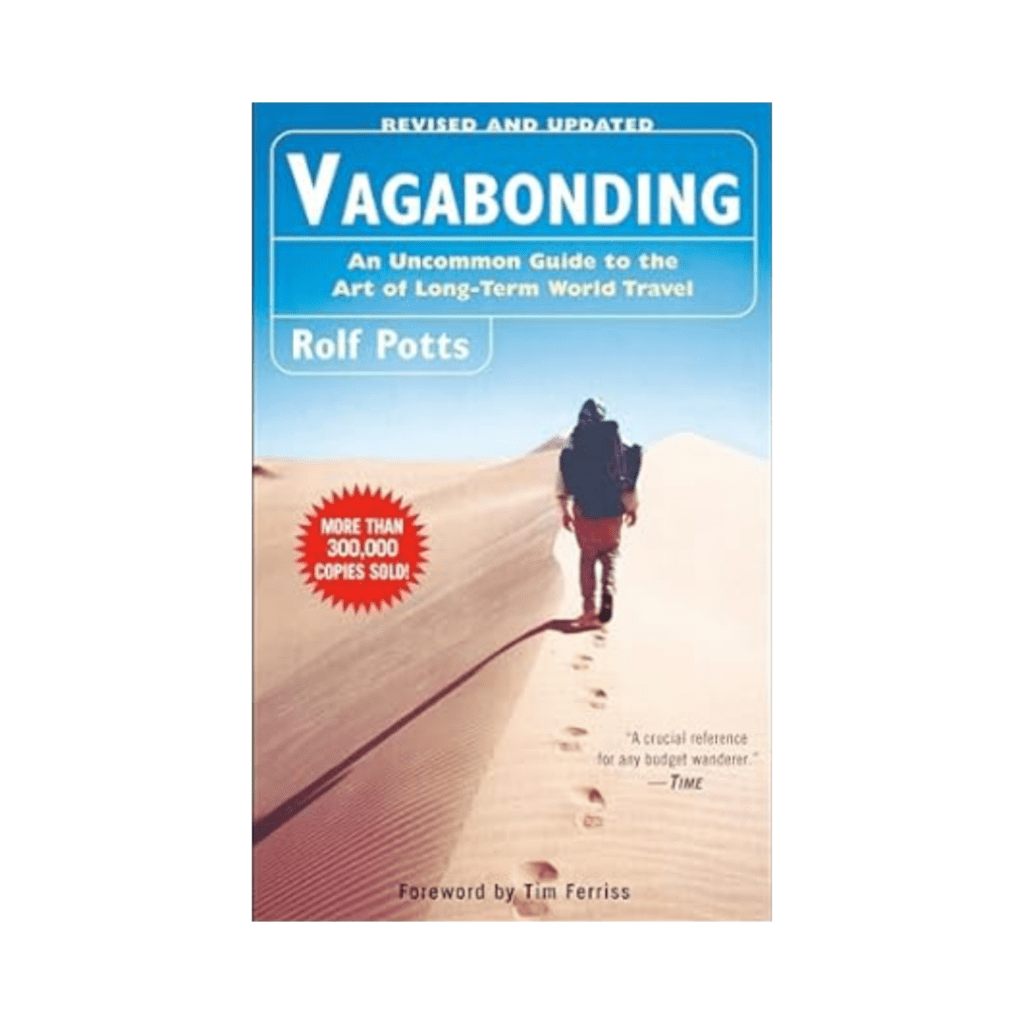 A book cover with a man walking in the sand for Vagabonding by Rolf Potts