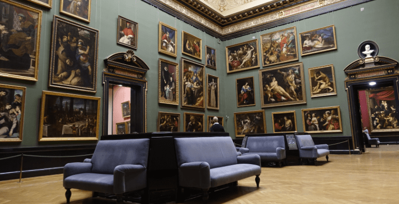 Artwork and seating area in an Art Gallery
