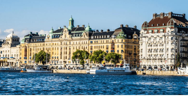 Buildings, ferries and water in Stockholm Sweden