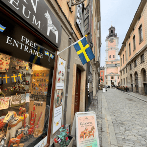 Stockholm old town street view with Swedish flag