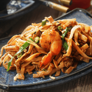 plate with noodle dish with shrimp