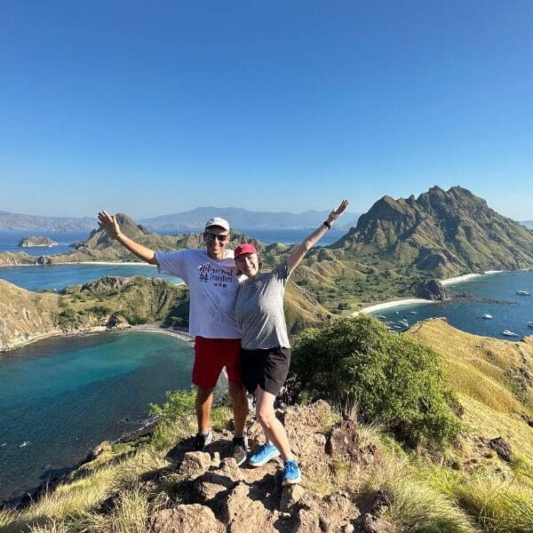 Retirement Travelers on top of mountain overlooking Komodo National Park