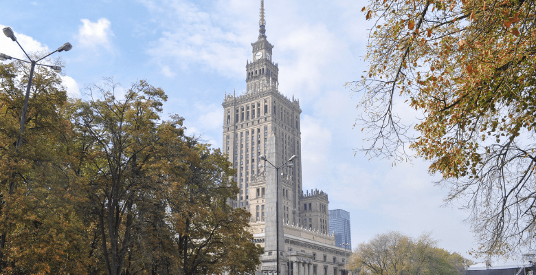 Very tall square skyscraper building in Warsaw Poland