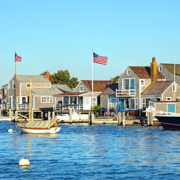 boats and houses along shore in Nantucket