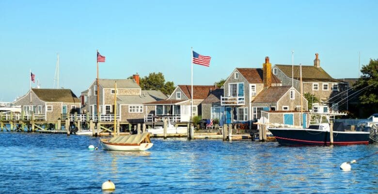 boats and houses along shore in Nantucket