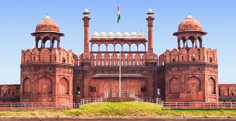 View of the reddish colored Red Fort in the Old Delhi area in India