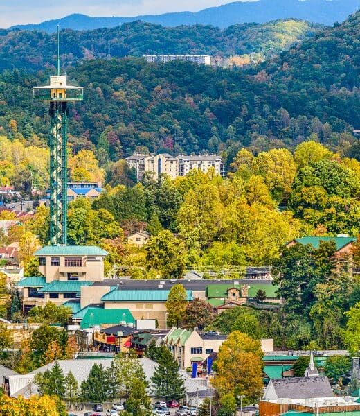 view of tower and buildings in Gatlinburg Tennessee