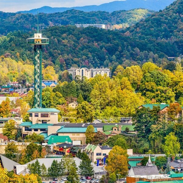 view of tower and buildings in Gatlinburg Tennessee