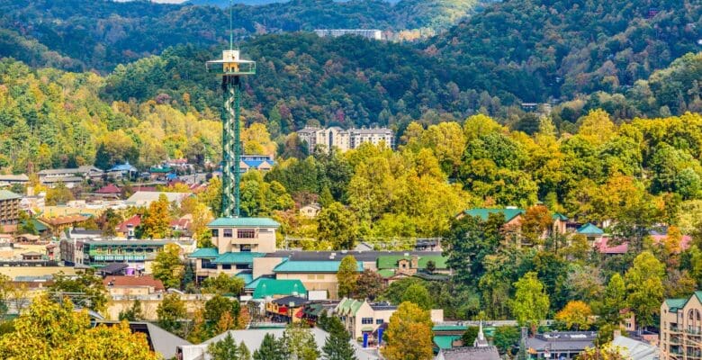 view of tower and buildings in Gatlinburg Tennessee