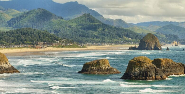 Rocky terrain and beach coast overlooking Cannon Beach