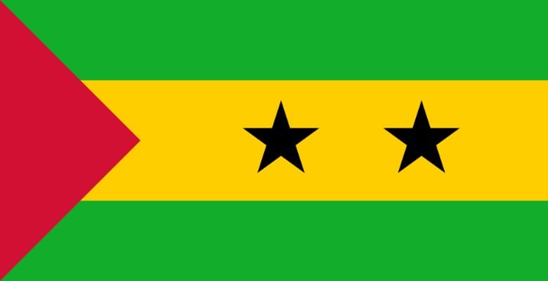 Green and yellow stripes with red triangle and black stars of Sao Tome flag