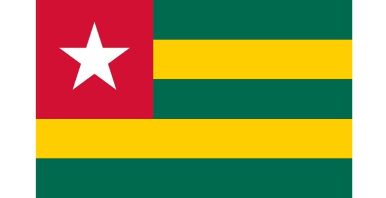 Green and yellow stripes with red square and white star flag of togo