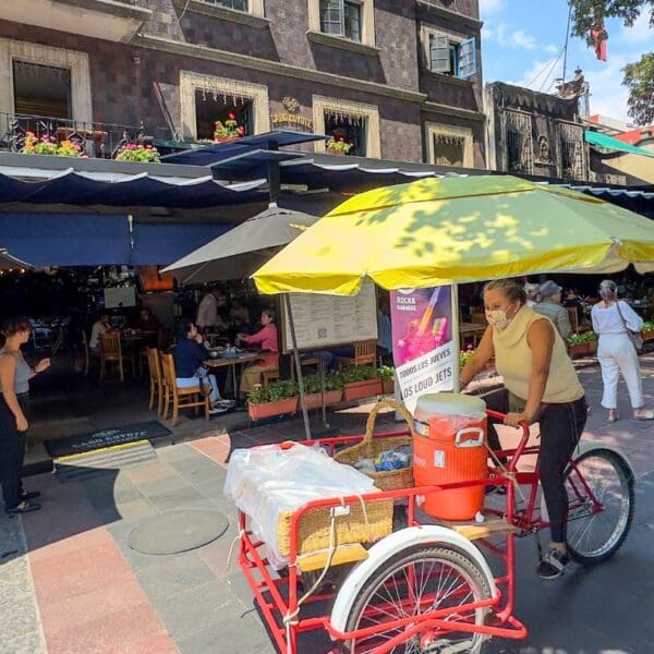 A woman peddling a cart.