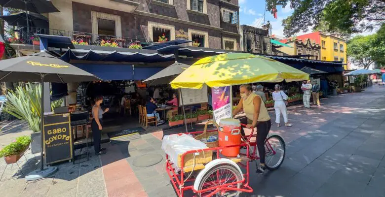 A woman peddling a cart.