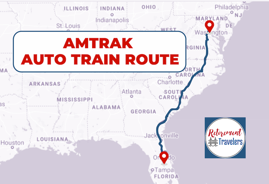 This is the map showing the Amtrak Auto Train Route from Lorton, Virginia to Sanford, Florida.