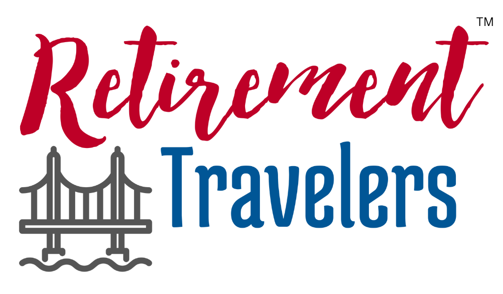 Red, Blue, and Gray Logo of Retirement Travelers with bridge.