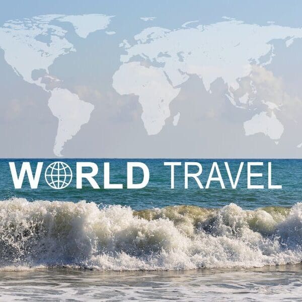 map of the world with ocean waves and a banner saying world travel