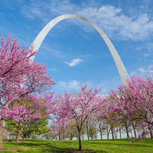 gateway arch with spring blossoms in the trees below