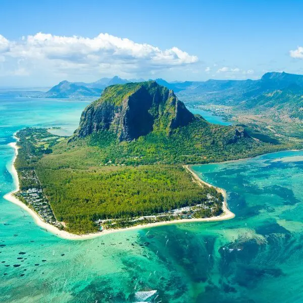 Mountain and beach area along Indian Ocean in Mauritius