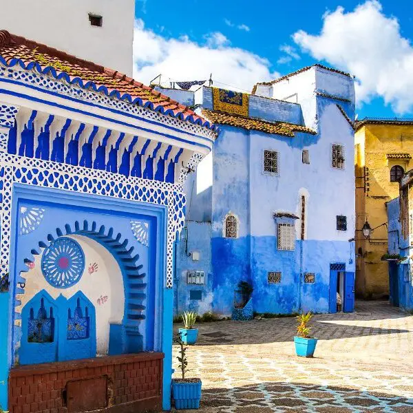 blue and white buildings in morocco