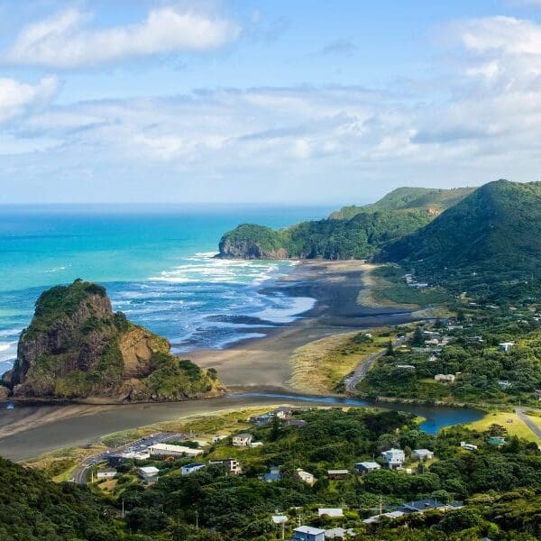 mountains and shoreline in new zealand