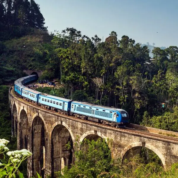 arch bridge with blue train in sri lanka