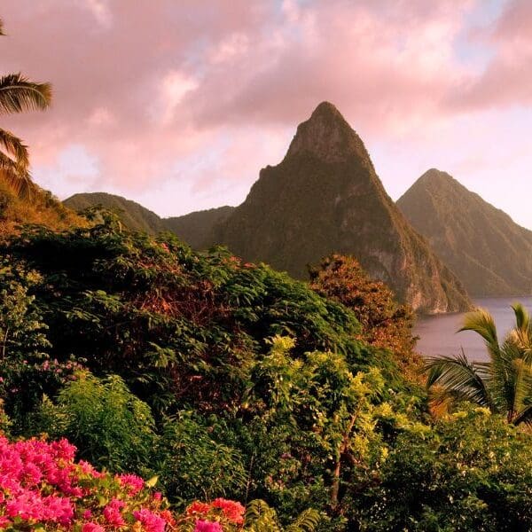 mountain peaks and shoreline in st. Lucia