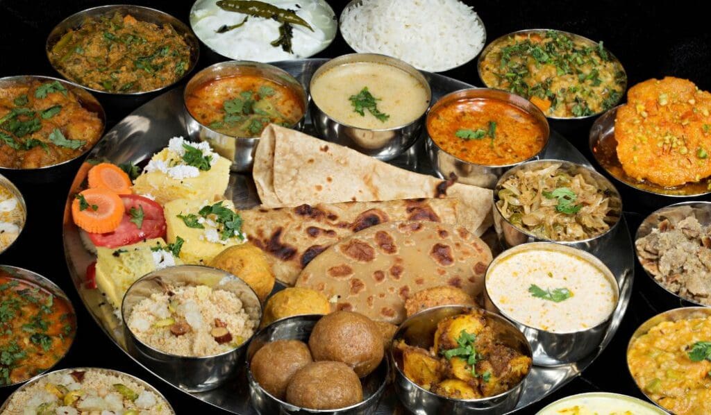 Thali food options on a table in Jaipur